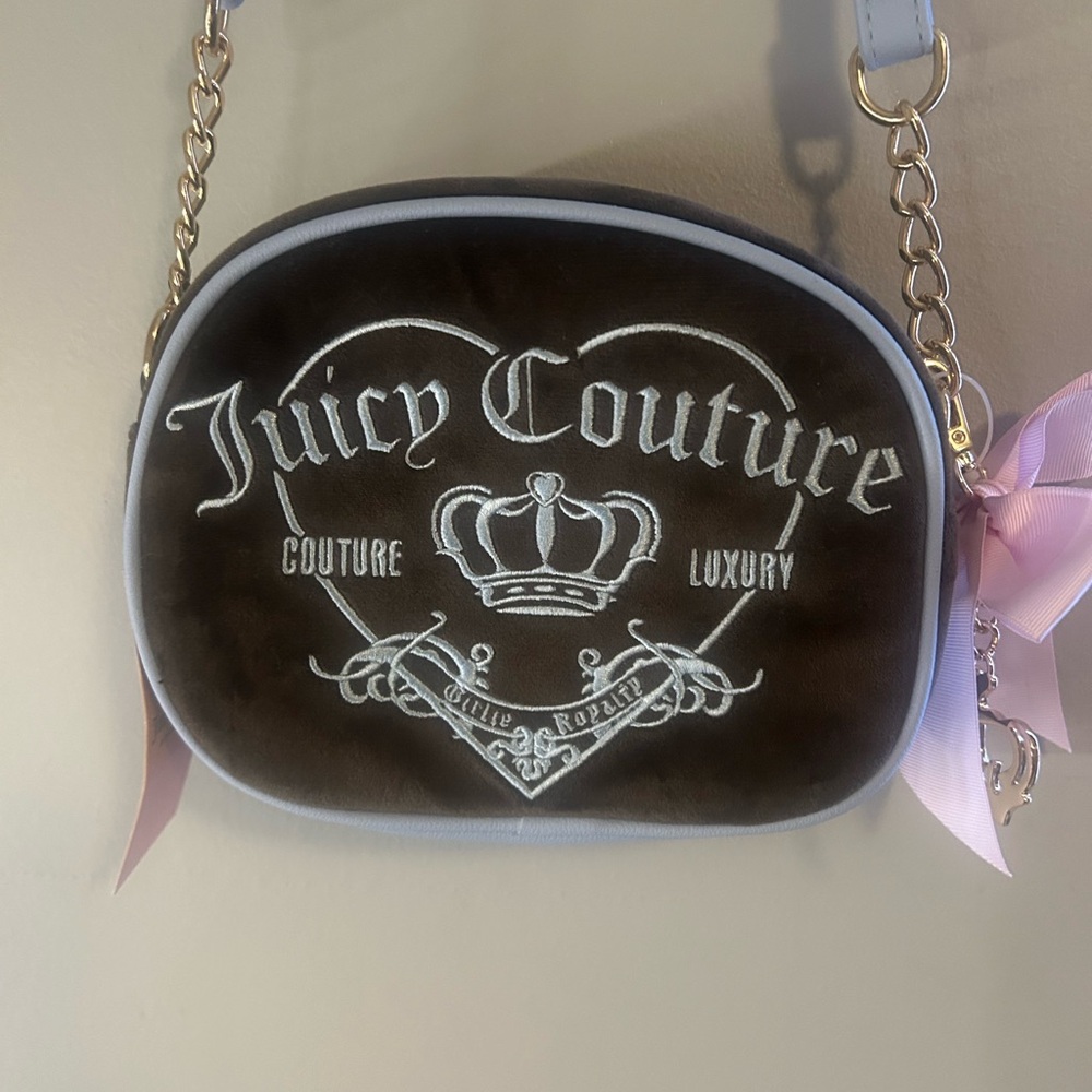 Juicy Couture Velvet Brown Crossbody Bag with Pink Accents